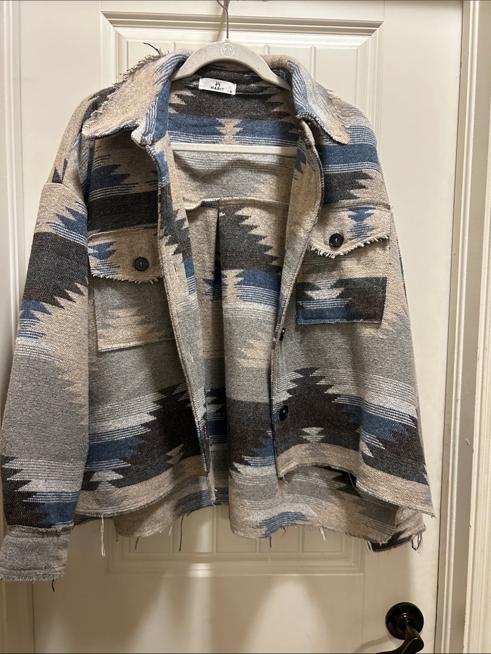 Aztec Pattern Button-Front Jacket - Blue & Gray